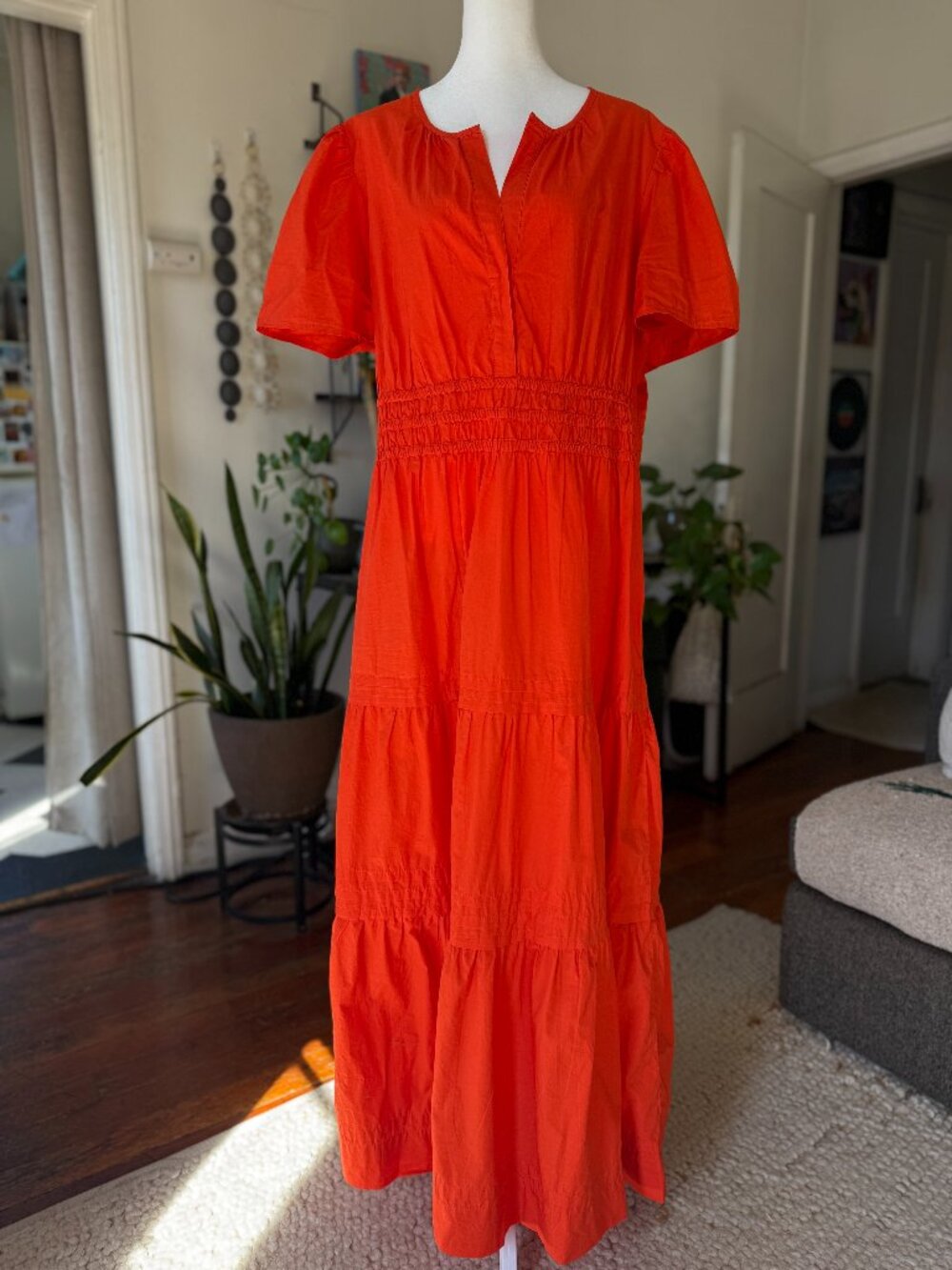 Quince Organic Cotton Poplin Tiered Maxi Dress Red Orange XL Cottagecore